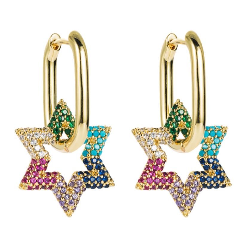 Europeisk och amerikansk mode kreativ sexspetsig stjärna blomformade örhängen Förgylld kopparmicro-inlaid Color Zircon All-Match Örhängen